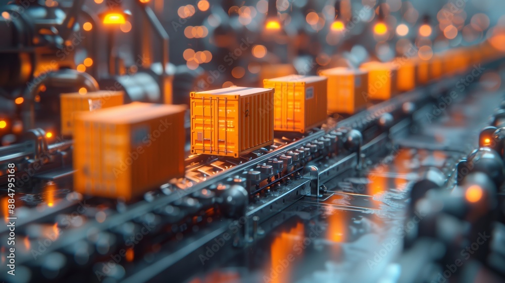 Obraz premium Automated Logistics Conveyor System. Conveyor system with orange containers moving through an industrial setting, illustrating automated logistics and material handling.