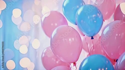 Pink and blue pastel colors balloons. Festive birthday congratulation background with bokeh lights. Gender party. Horizontal video template