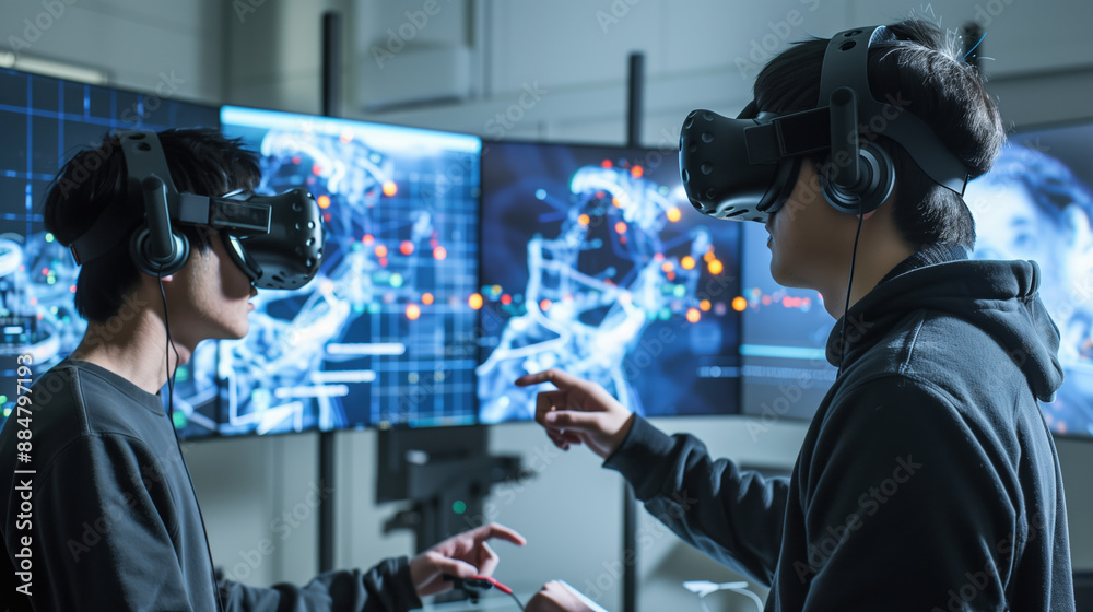 Students in Virtual Reality Lab Learning AI Programming with Interactive Holographic Simulations,