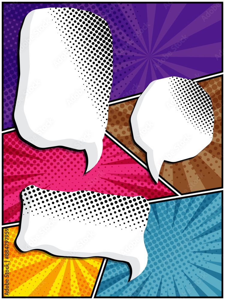 Fotografie comic speech bubbles in white clouds on a vibrant pop art background