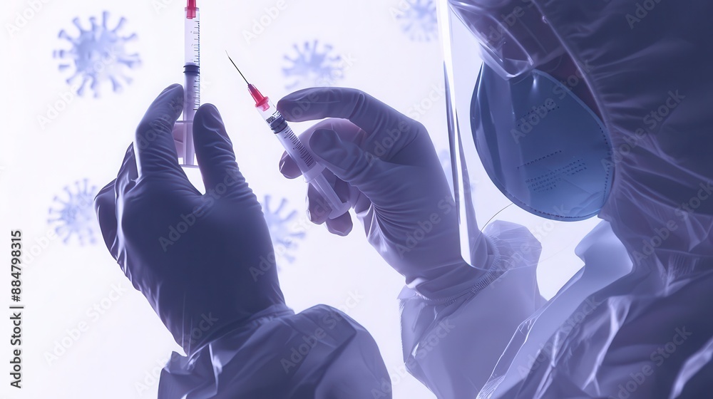 Scientist in protective gear examining a syringe with a sample against a background of covid-19 virus images. Scientist in protective gear examining a syringe with a sample against a background of covid-19 virus images.