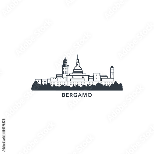 Bergamo horizon, skyline, city panorama vector flat logo icon. Italy Lombardy travel emblem idea with landmark silhouettes. Isolated black graphic