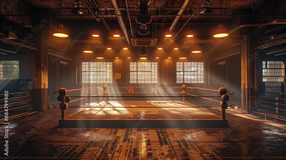 Atmospheric Boxing Gym with Sunlight Streaming Through Windows and Empty Boxing Ring Atmospheric Boxing Gym with Sunlight Streaming Through Windows and Empty Boxing Ring