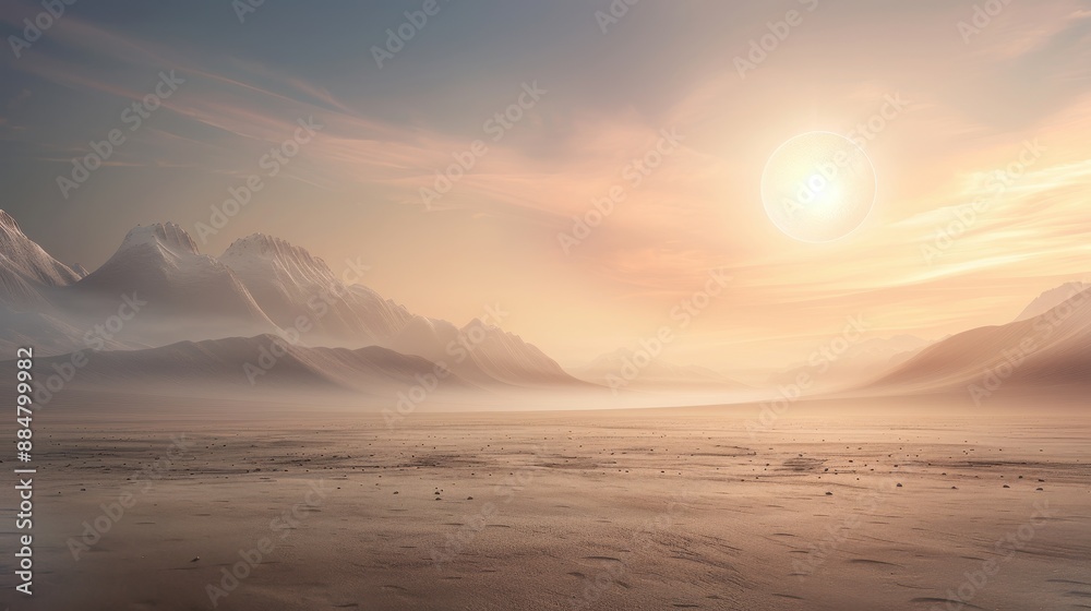 A desolate landscape with a large sun in the sky A desolate landscape with a large sun in the sky