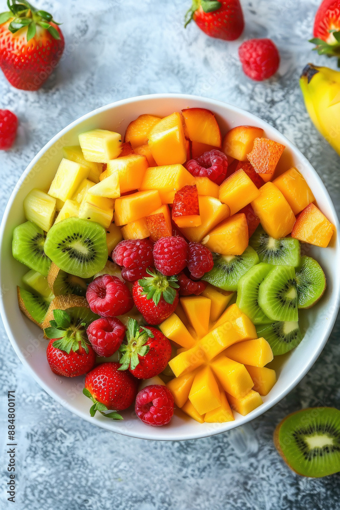 Overhead view of a bowl filled with fresh healthy fruit salad Overhead view of a bowl filled with fresh healthy fruit salad