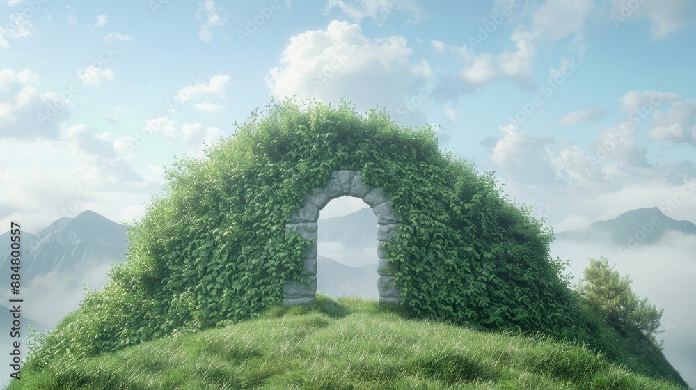 A small archway is covered in green ivy and is situated on a grassy hill A small archway is covered in green ivy and is situated on a grassy hill