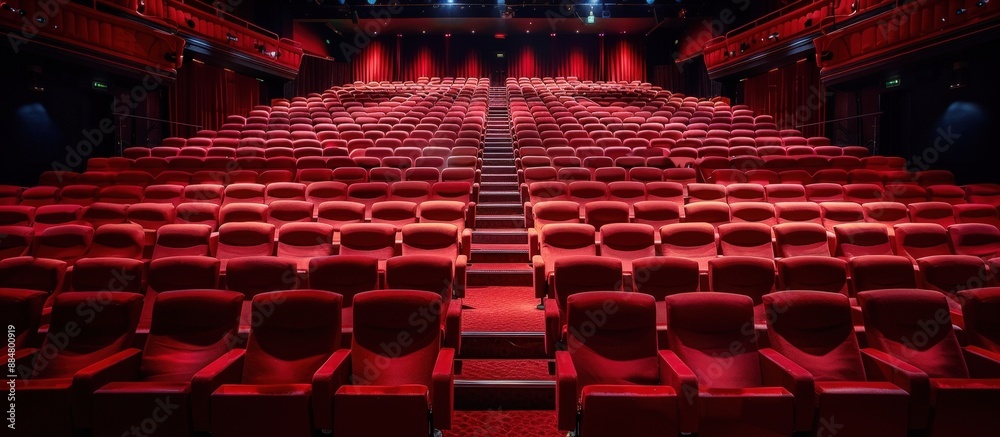 Fototapeta premium Empty Red Theater Seats in a Modern Cinema Hall with Dramatic Lighting and Red Curtains