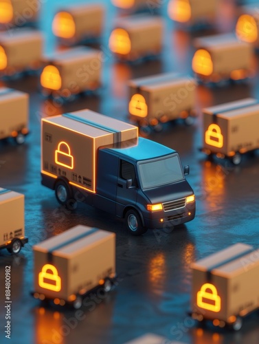 Delivery fleet vehicles with illuminated package icons, optimized dispatch & logistics, copy space, focus on all objects, deep depth of field.