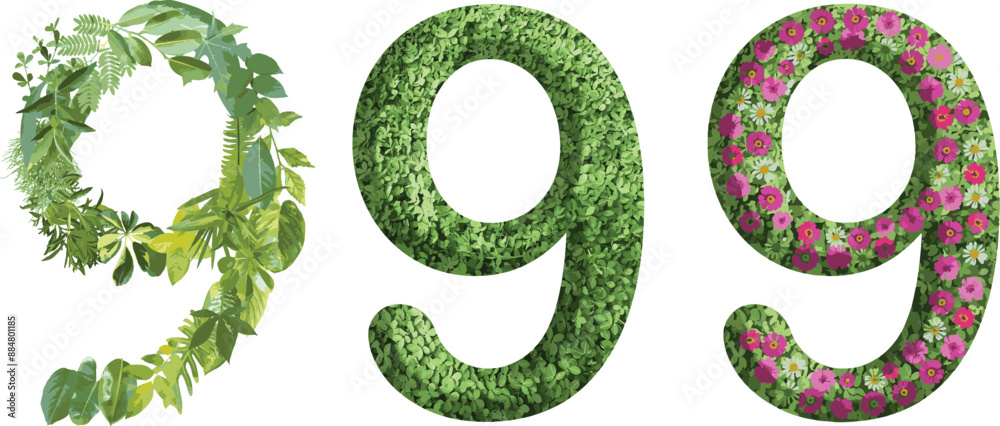 9, design made from green grass, leaves and flower, .suitable for birthday, anniversary and memorial day templates, go green concept 9, design made from green grass, leaves and flower, .suitable for birthday, anniversary and memorial day templates, go green concept