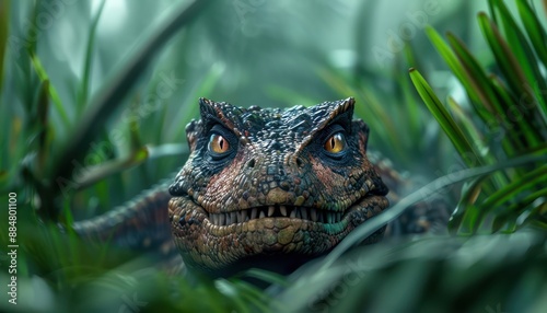 A Carnivorous Predator Lurks in the Deep Woods, Its Eyes Glowing With Hunger A Close-Up of a Raptor's Face Hidden in the Undergrowth, Its Jaw Agap, Ready to Strike Nature's Ultimate Hunter in Its photo