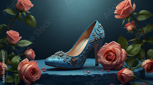 Blue high hill princess shoes illustration with rose flowers around. Beautiful girl style, fairytale fantasy woman fashion, vintage book dream story, generative.ai
