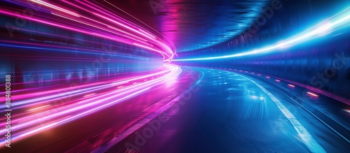 Futuristic Neon Light Trails in a Modern Tunnel with Reflective Wet Surface