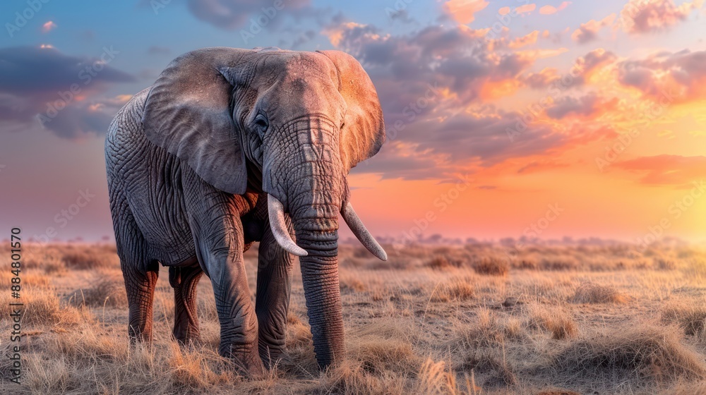 Fototapeta premium African Elephant Silhouette at Sunset, Majestic and Powerful, Twilight Baying, Wild Animals on the Move, Serengeti Landscape, Nature Photography, Wildlife Photography, Endangered Species, African