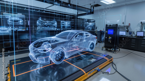 Holographic Automotive Engineering Workshop Featuring Students Designing and Testing Virtual Vehicles and Automotive Technologies with AI Simulations, on White Background
