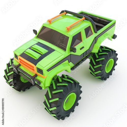 3D Render, Low Poly style of toy monster truck vehicle, on isolated white background, Generative AI