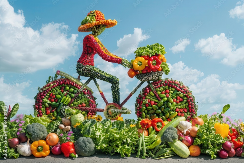 Artistic depiction of a cyclist made of fresh vegetables, vibrant colors, creative food art, pedaling against a sky backdrop, healthy eating concept, copy space Artistic depiction of a cyclist made of fresh vegetables, vibrant colors, creative food art, pedaling against a sky backdrop, healthy eating concept, copy space