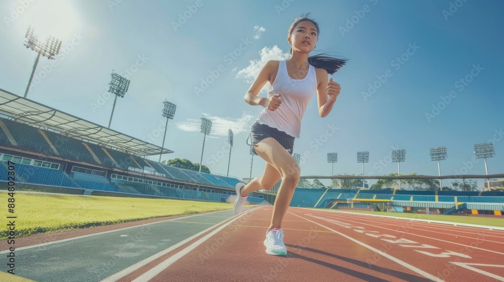 Fototapeta premium Asian athletic female athlete running on the track of the sprint course.