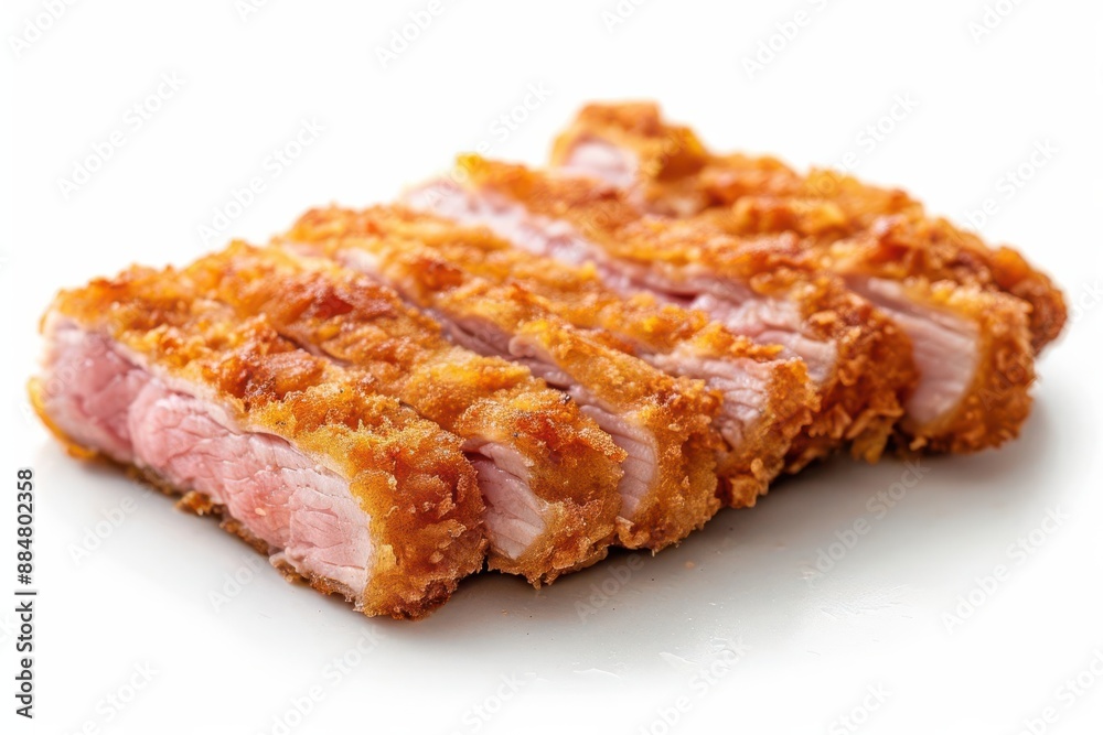Crispy Tonkatsu, Japanese fried pork cutlet, golden brown, closeup, traditional cooking, isolated on white, copy space Crispy Tonkatsu, Japanese fried pork cutlet, golden brown, closeup, traditional cooking, isolated on white, copy space