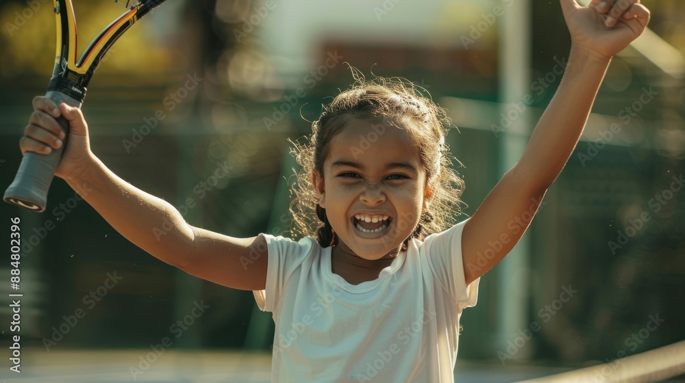 Fototapeta premium A girl holding a tennis racket in one hand smiles enthusiastically at her victory in an elementary school tennis competition.