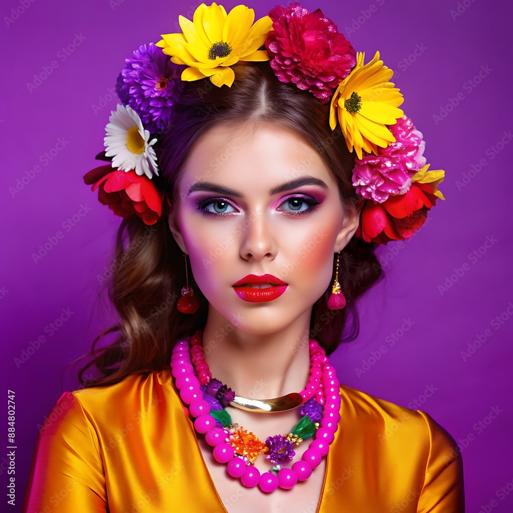 Naklejka premium Confident female with bold personality and cool attitude. Portrait of an edgy young woman wearing fashionable clothes with a trendy hairstyle against a vibrant studio background.