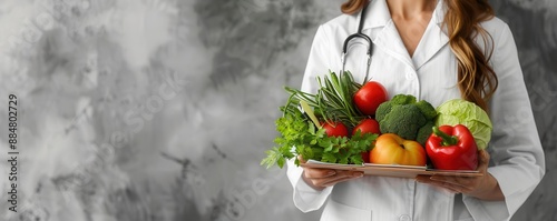 Registered Dietitian testing vegetables and fruits, professional setting, closeup, lab coat and clipboard, healthy eating concept, isolated white background, copy space