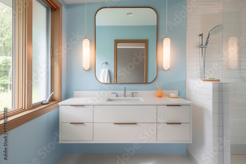 A mid-century modern bathroom with a pastel blue accent wall, a white floating vanity, and retro lighting fixtures.