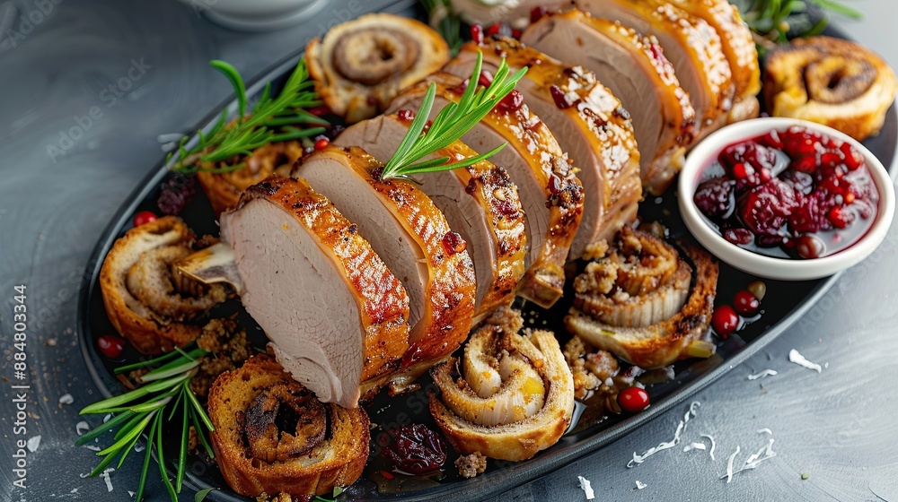 Chef cutting sliced roll, sliced roll baked veal and with spices and vegetables. Close up Chef cutting sliced roll, sliced roll baked veal and with spices and vegetables. Close up