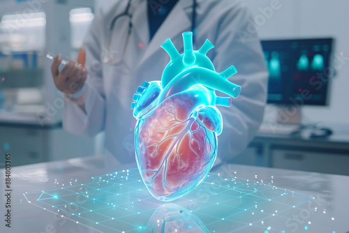 Cutting-edge 3D holographic heart model being examined by doctors and scientists, highlighting future advancements in cardiology