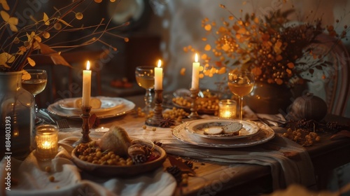 Candlelit Autumn Dinner Table Setting With Rustic Decor