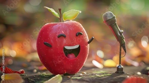 A cheerful cartoon velvet apple with a happy expression, holding a tiny microphone. photo