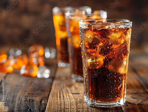 Refreshing Cola Beverage with Icy Bubbles and Wooden Table Background