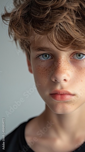 Close-Up Portrait of a Young Boy With Freckles and Wavy Hair