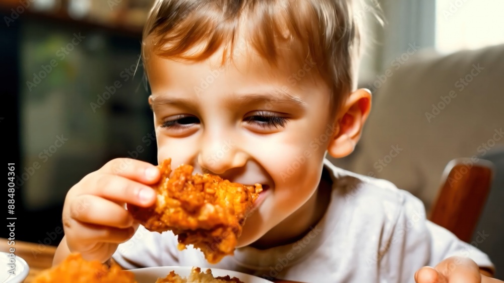 Happy Child eating delicious fried chicken at home Happy Child eating delicious fried chicken at home