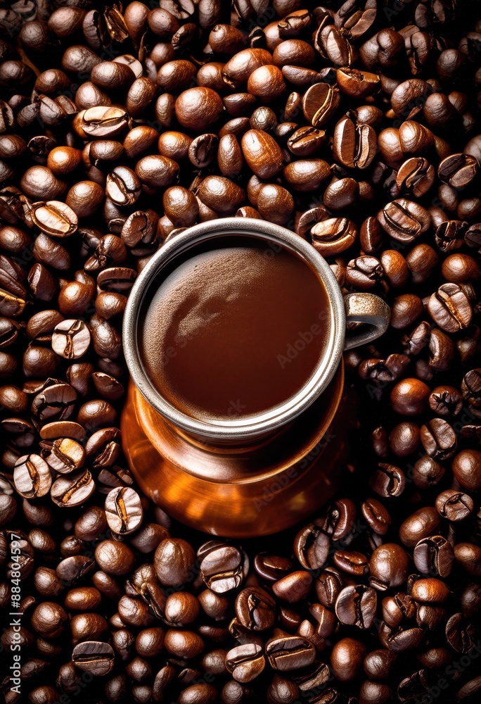 Fototapeta premium scattered aromatic coffee beans turkish pot, drink, brewing, roasted, fragrant, ground, caffeine, brown, circular, round, metal, handle, kitchen, utensil, cookware