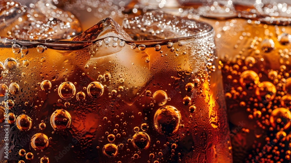 Macro Close up of Refreshing Amber Colored Fizzy Cola Drink in Glass with Condensation and Bubbles Macro Close up of Refreshing Amber Colored Fizzy Cola Drink in Glass with Condensation and Bubbles