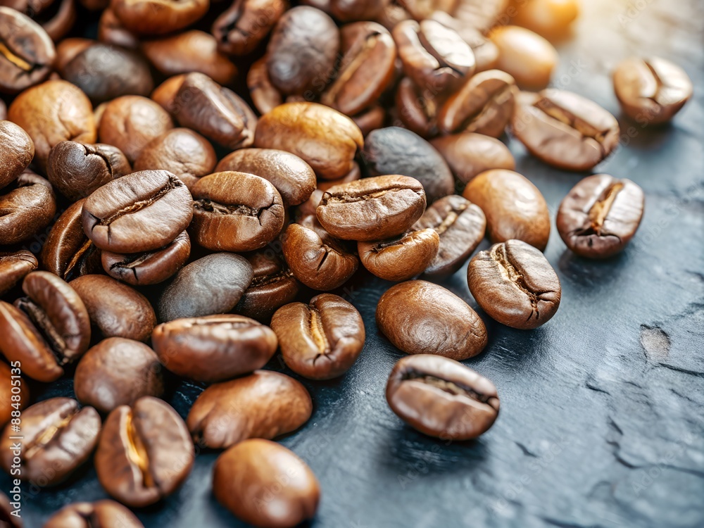 Close-up of roasted coffee beans scattered on a black textured surface, perfect for a coffee-themed design or background. Close-up of roasted coffee beans scattered on a black textured surface, perfect for a coffee-themed design or background.