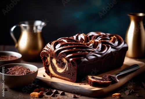 decadent chocolate babka loaf indulgent pastry swirled cocoa sweet dough layers, bakery, baking, baked, artisan, handcrafted, homemade, homebaked photo