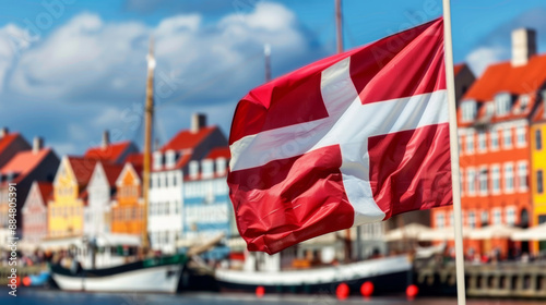 Denmark flag fluttering with colorful Copenhagen waterfront backdrop