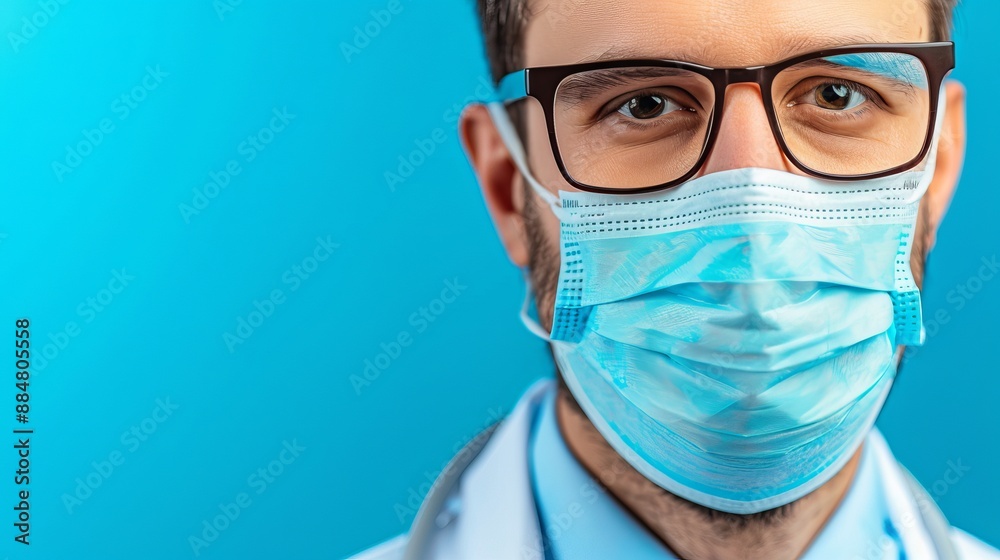 Close-up of doctor face with mask on blue background Close-up of doctor face with mask on blue background