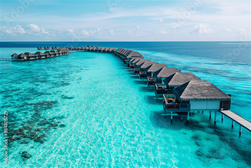 Aerial view of the luxury tropical island resort, which blends the Maldives resort's bungalow with the clear sea photo