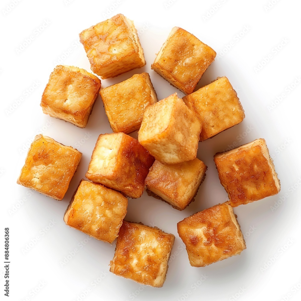 Fried tofu cubes isolated on white background Fried tofu cubes isolated on white background