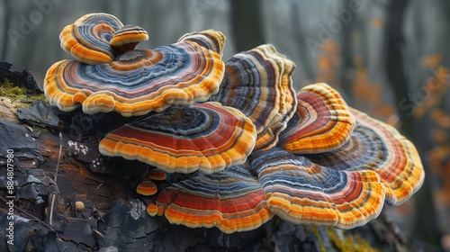 Close-up of colorful bracket fungi growing on the side. Vivid and intricate bracket fungi with layers of orange, blue, and yellow, displaying natural beauty and detailed patterns, growing on a tree 