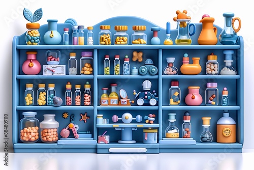 A toy laboratory set, science element, 3D illustration, assorted colors, isolated on white background