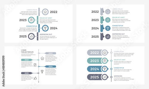 Four presentation slides featuring vertical timeline templates with four elements, representing a stages or milestones in a sequential process, vector eps10 illustration
