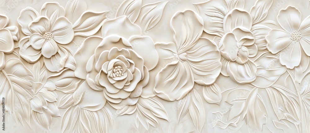 Panoramic close-up, high detail scan of floral patterned wallpaper texture, Generative AI