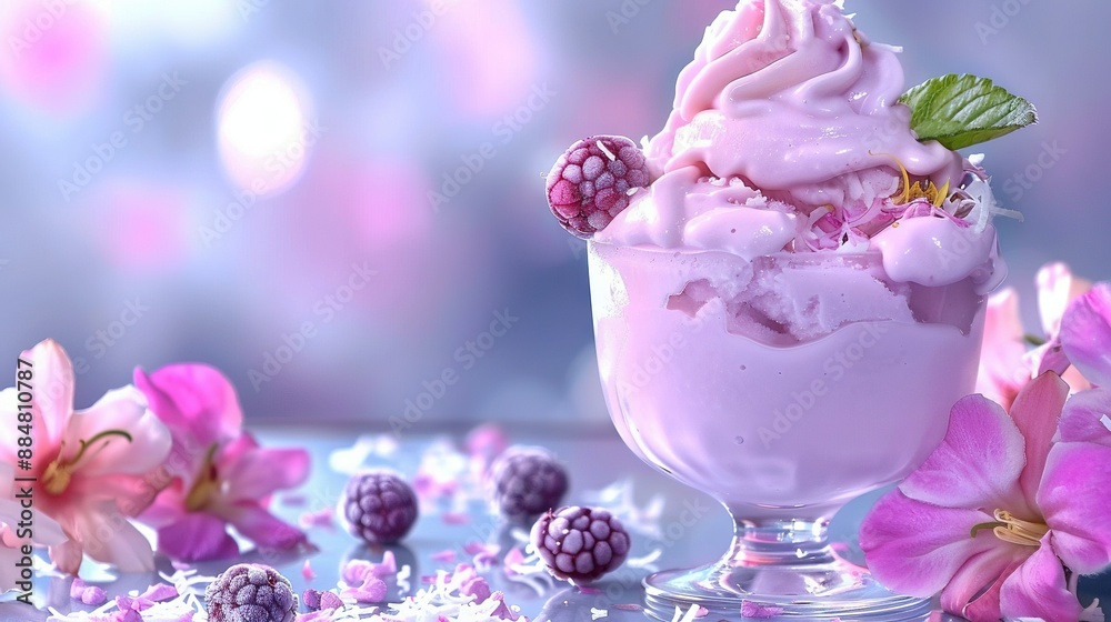 An ice cream sundae in a glass with pink flowers and raspberries and whipped cream on the side An ice cream sundae in a glass with pink flowers and raspberries and whipped cream on the side