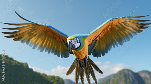 Front view of a blue-and-yellow macaw, Ara ararauna, flying . photo