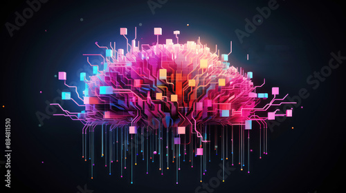 generated illustration of neon line styled brain icon, symbol of science and intelligence photo