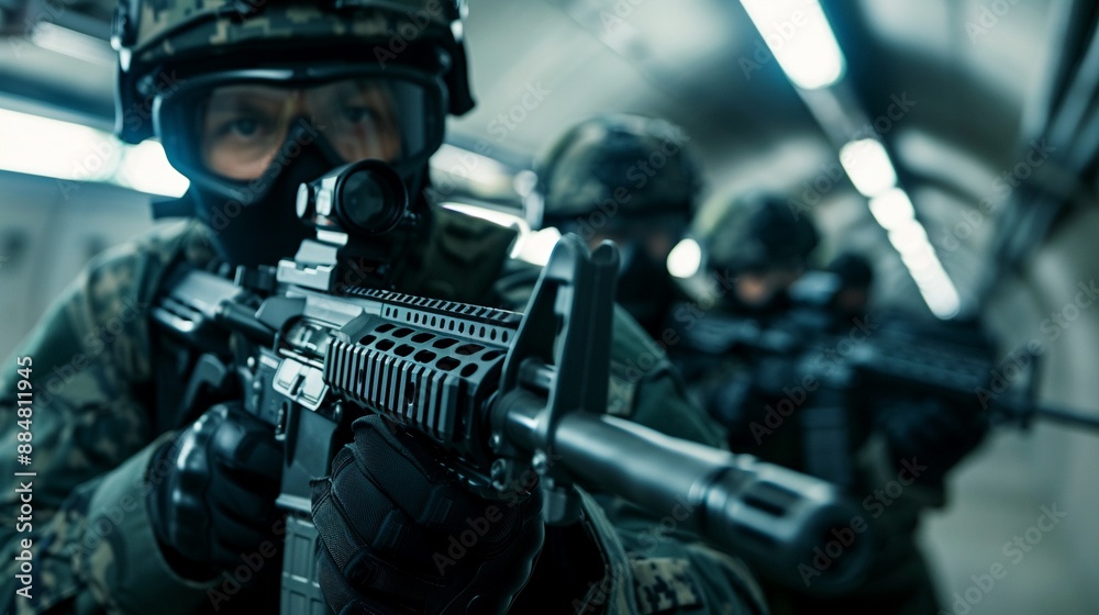 Special forces team examining a variety of hightech guns in a secure underground facility, realistic photo, high detail, dramatic lighting, tactical readiness Special forces team examining a variety of hightech guns in a secure underground facility, realistic photo, high detail, dramatic lighting, tactical readiness