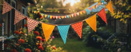 Colorful party flags strung across a backyard, celebrating an event.